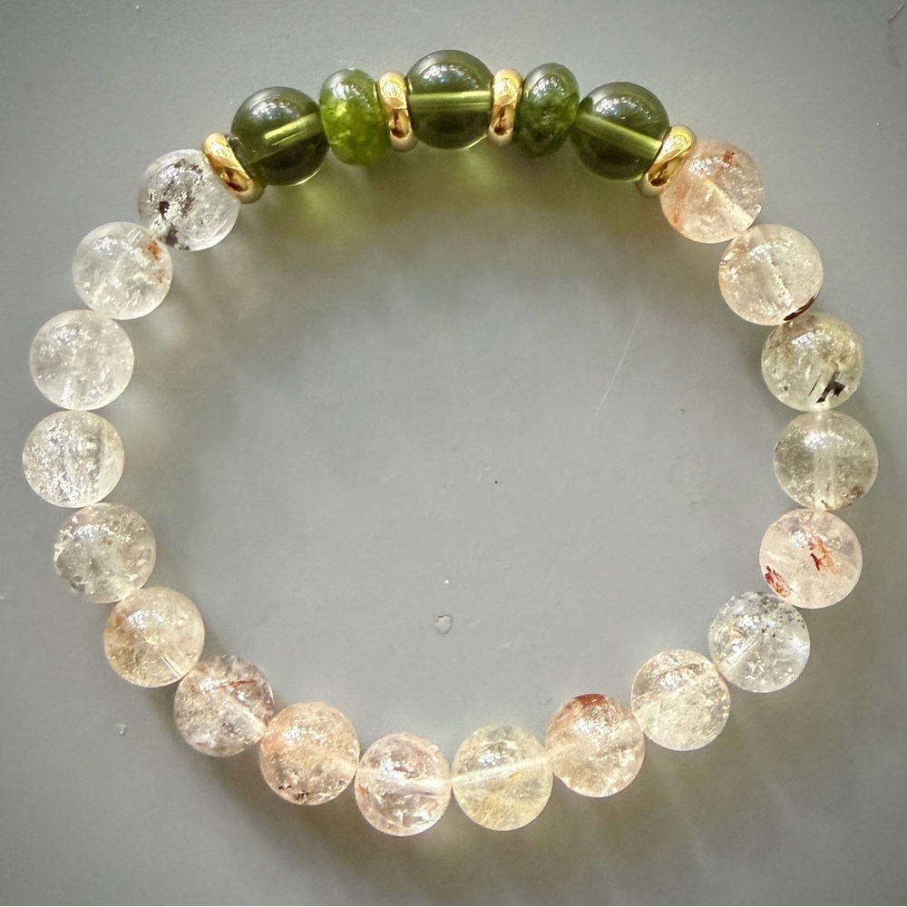 Green Moldavite and Herkimer Handcrafted Beaded Bracelet - Picture 4 of 6